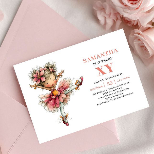 Invitation rose poudré pour les 5 ans de la charma (Charming Fairy Girl 5th Birthday Blush Pink invitation)