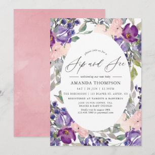 Invitation Rose poudré, violet et floral prune Sip and See