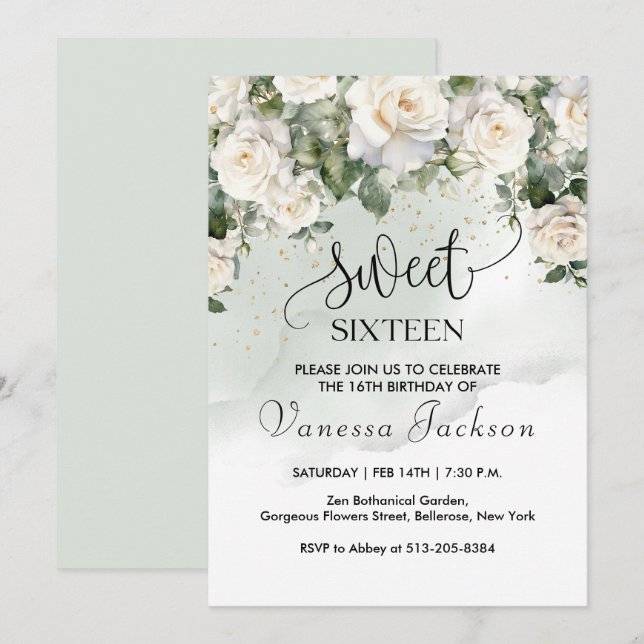 Invitation Rose poudrée rustique avec fleurs et or rose pour  (Devant / Derrière)