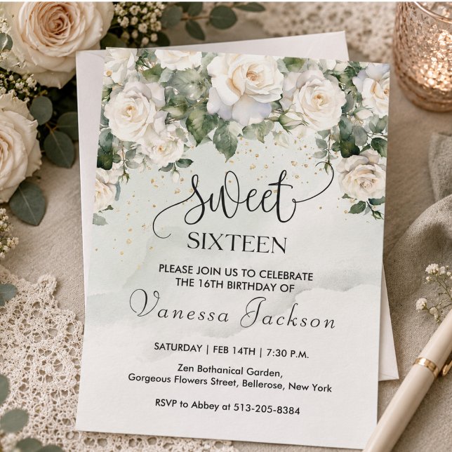 Invitation Rose poudrée rustique avec fleurs et or rose pour  (Rustic blush pink floral rose gold sweet sixteen invitation)