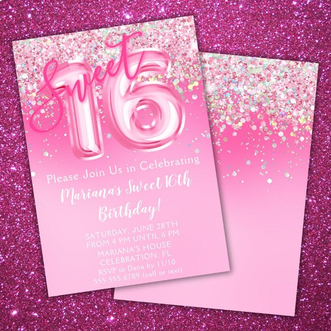 Invitation rose pour 16ème anniversaire avec paill (Créateur téléchargé)