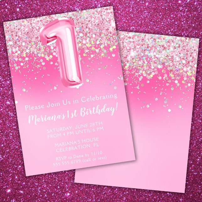Invitation rose pour 1er anniversaire fille avec p (Créateur téléchargé)
