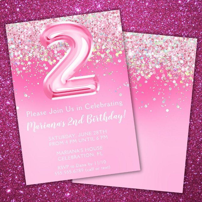 Invitation rose pour 2ème anniversaire fille paill (Créateur téléchargé)