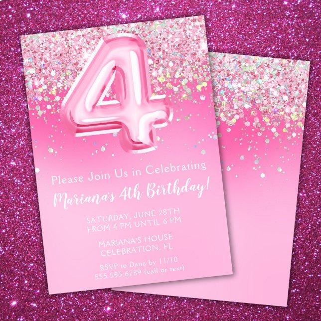 Invitation rose pour 4ème anniversaire fille avec  (Créateur téléchargé)