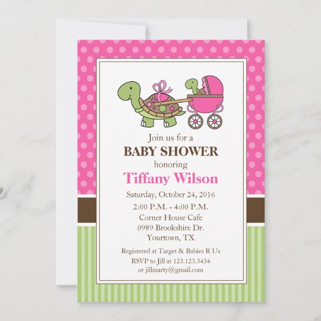 Invitation rose pour Baby Shower Tortue (Devant)