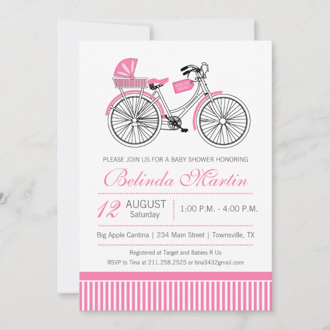 Invitation Rose pour Baby Shower Vélo (Devant)