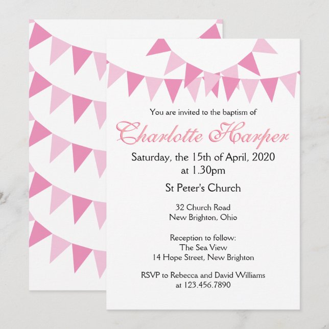 Invitation rose pour baptême de bébé Bunting (Devant / Derrière)