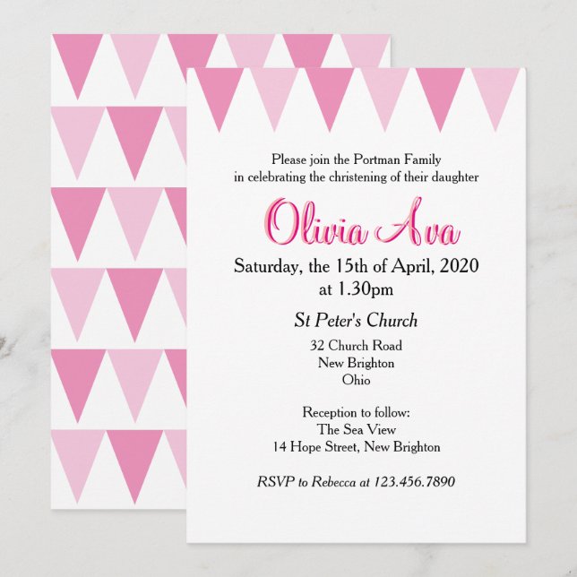 Invitation rose pour baptême de bébé Bunting (Devant / Derrière)
