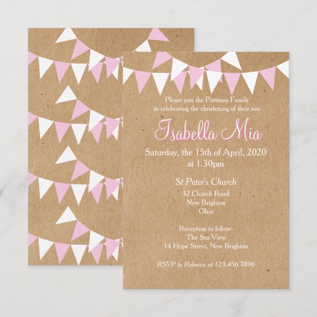 Invitation rose pour baptême de bébé Bunting (Devant / Derrière)
