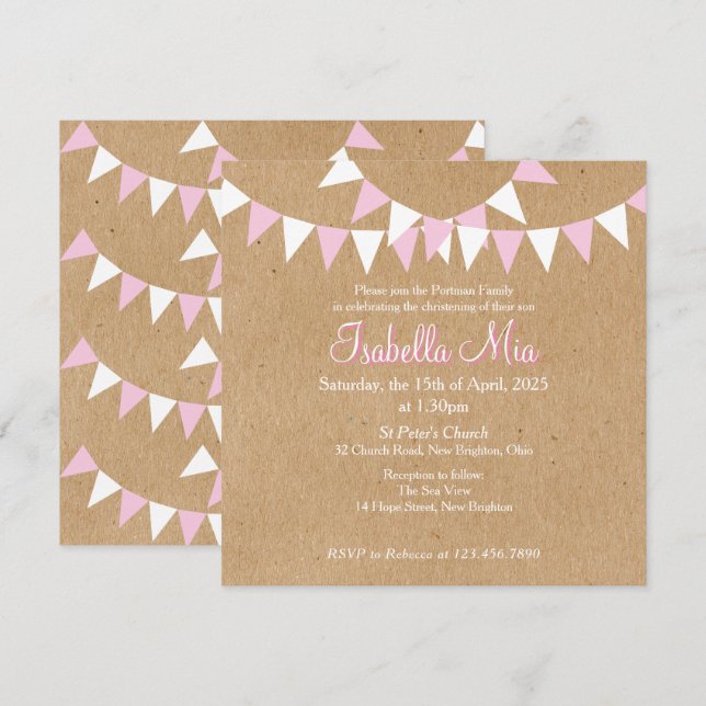Invitation rose pour baptême et communion Baby Bun (Devant / Derrière)