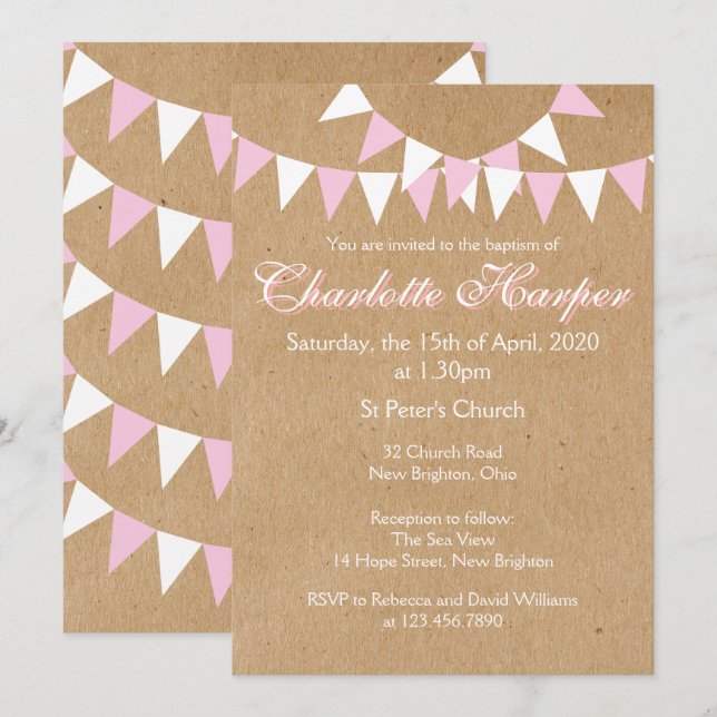 Invitation rose pour baptême ou communion Baby Bun (Devant / Derrière)