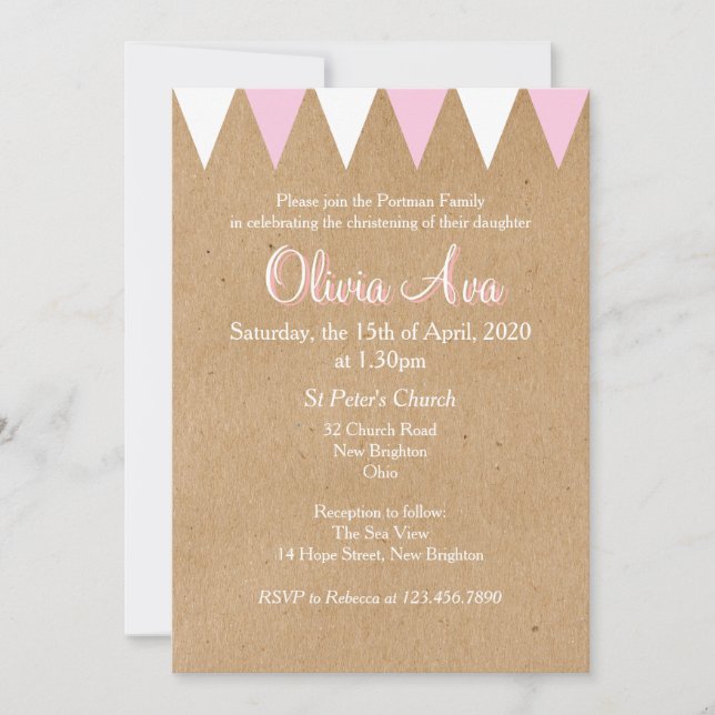 Invitation rose pour baptême ou communion Baby Bun (Devant)