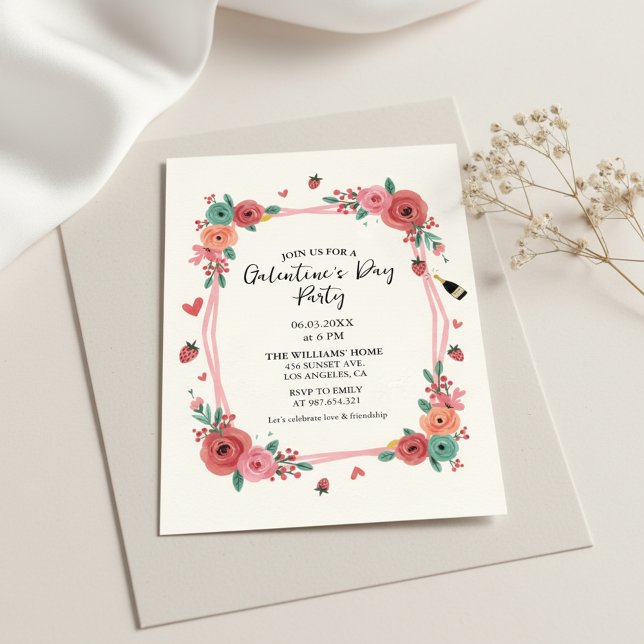 Invitation rose pour la fête de la Galentines Day (Floral Party Invite)