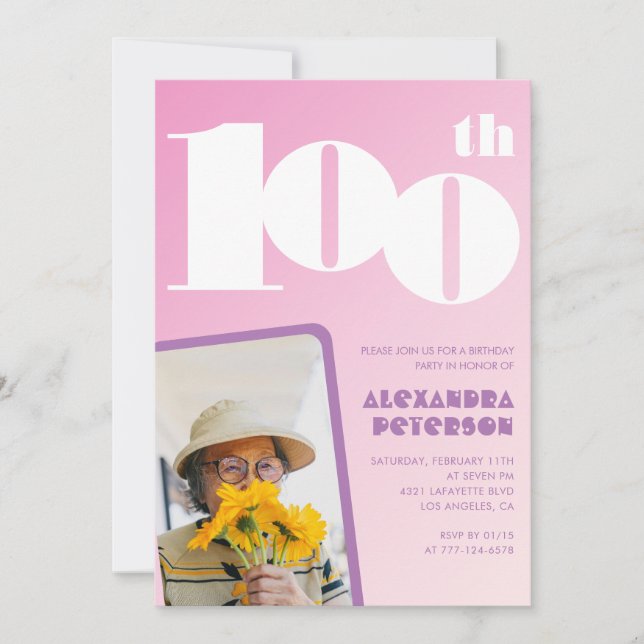 Invitation rose pour les 100 ans avec sa photo rét (Devant)