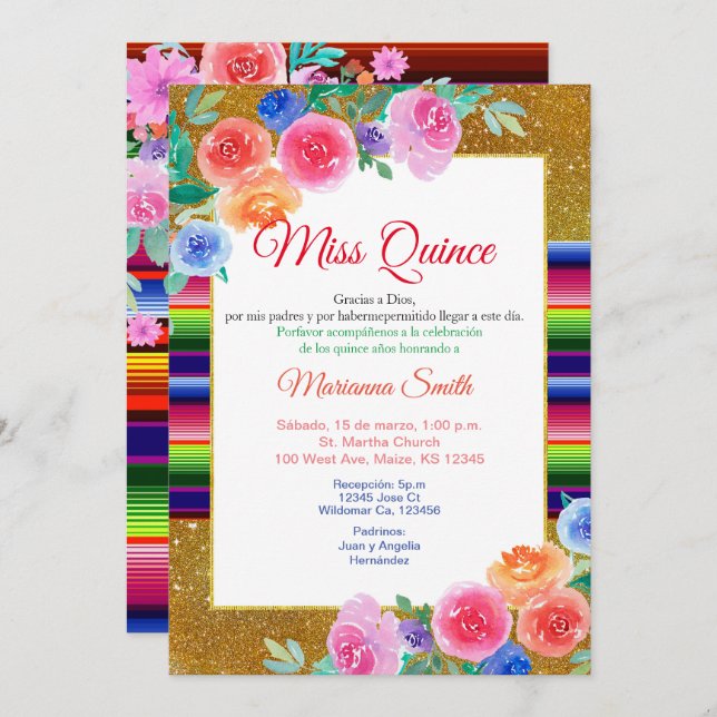 Invitation rose pour les 16 ans de la Miss mexicai (Devant / Derrière)