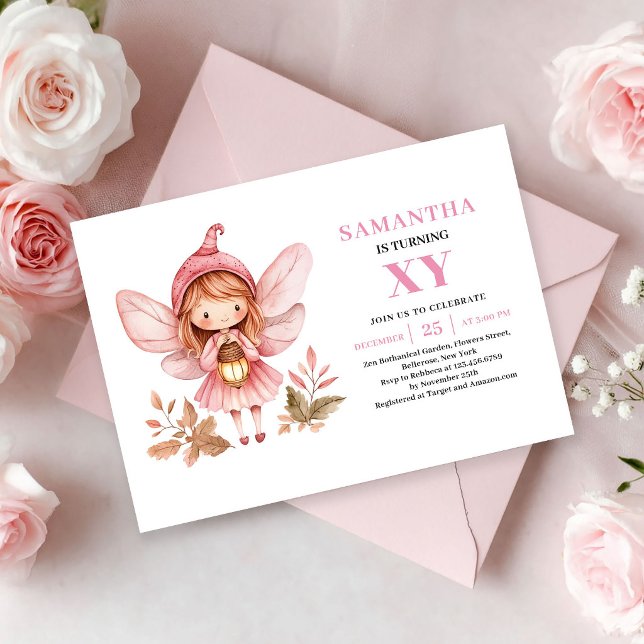Invitation rose pour les 6 ans de la Fée Capricieu (Whimsical Fairy Girl 6th Birthday Pink invitation)