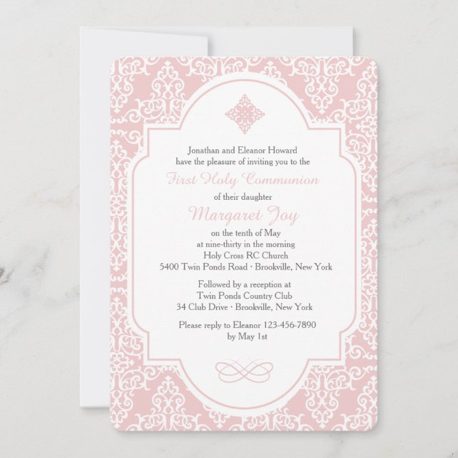 Invitation Rose pour ma Première Communion (Devant)
