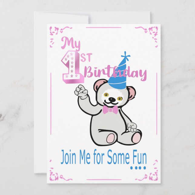 Invitation rose pour premier anniversaire (Devant)