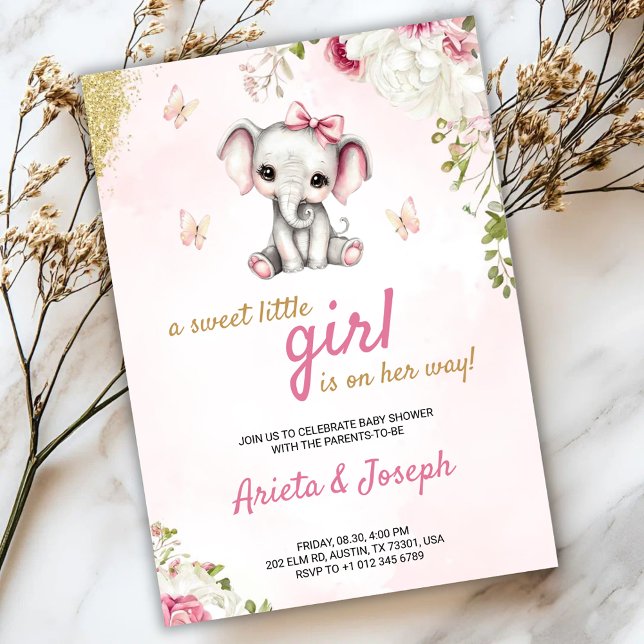 Invitation rose pour une baby shower avec un éléph (Créateur téléchargé)