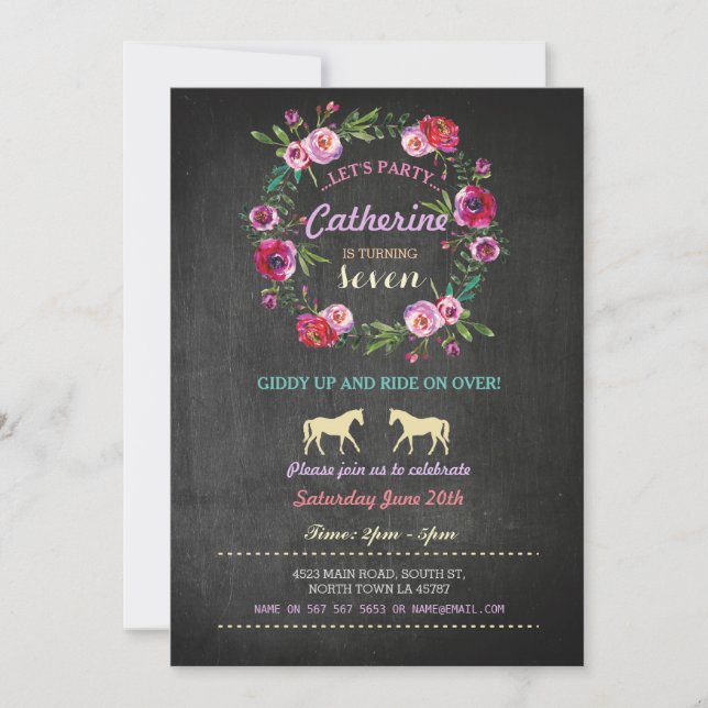 Invitation Rose pour une Fête d'Équitation à Cheva (Devant)