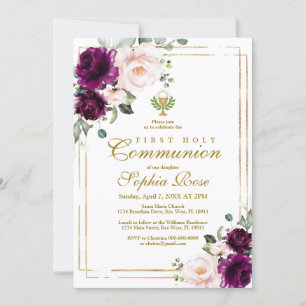 Invitation Rose pourpre & Chalice d'or Première communion sai