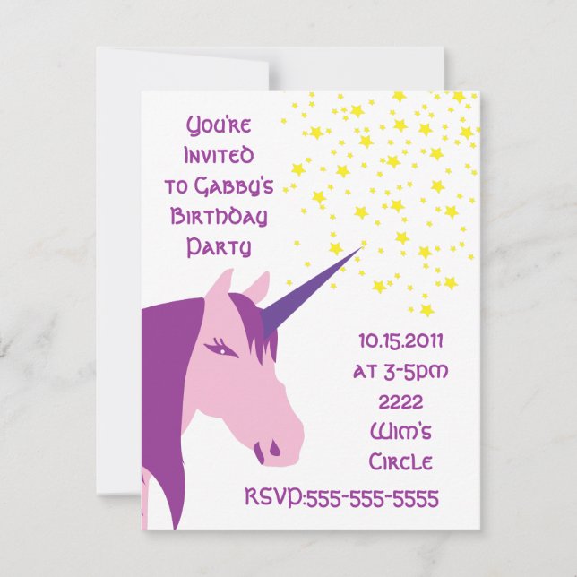 Invitation rose/pourpre d'anniversaire de licorne (Devant)