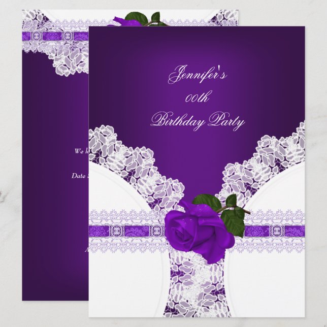 Invitation Rose Pourpre Dentelle Blanche Fête d'Anniversaire (Devant / Derrière)