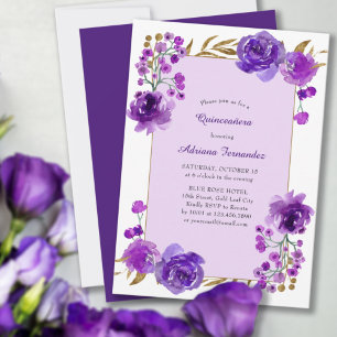 Invitation Rose Pourpre et Feuille d'Or Élégante Quinceanera