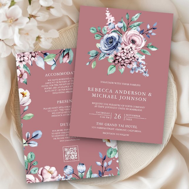 Invitation Rose Poussiéreuse Bleu Rose Floral Code QR Mariage (Créateur téléchargé)