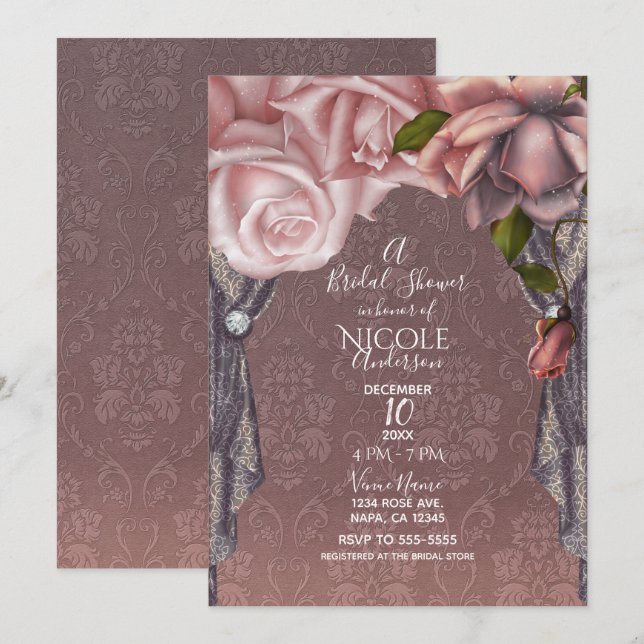 Invitation Rose Poussiéreuse Blush Roses Roses Fête de Mariag (Devant / Derrière)
