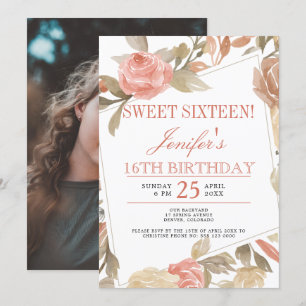 Invitation Rose Poussiéreuse Crème Florale de Pêche Douce Pho