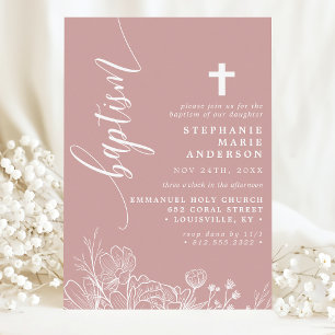 Invitation Rose Poussiéreuse Élégant Script Floral Baptême Bl