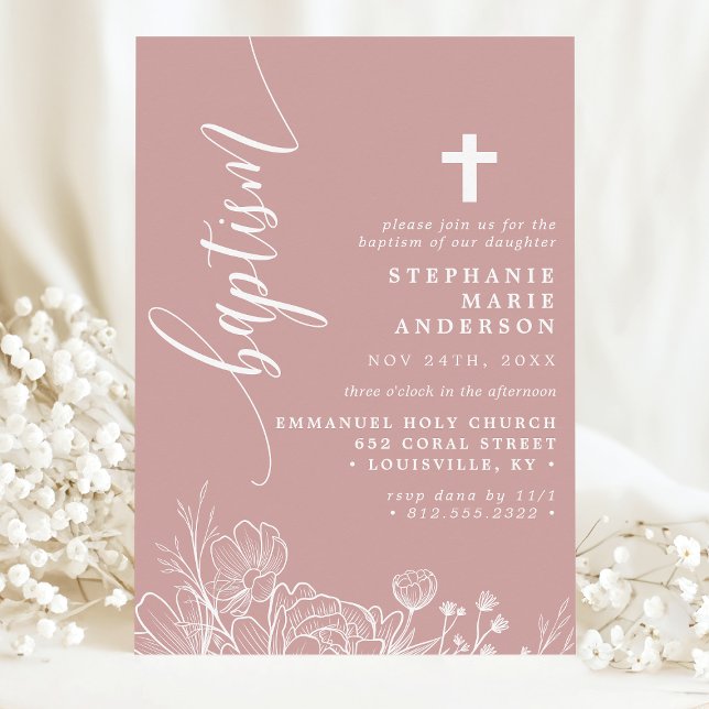 Invitation Rose Poussiéreuse Élégant Script Floral Baptême Bl (Créateur téléchargé)
