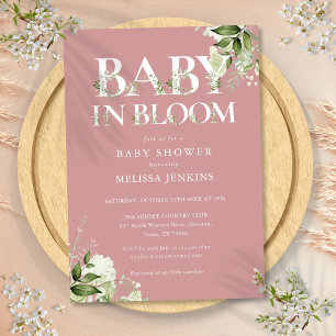Invitation Rose Poussiéreuse Fête de Naissance Bébé en Fleur