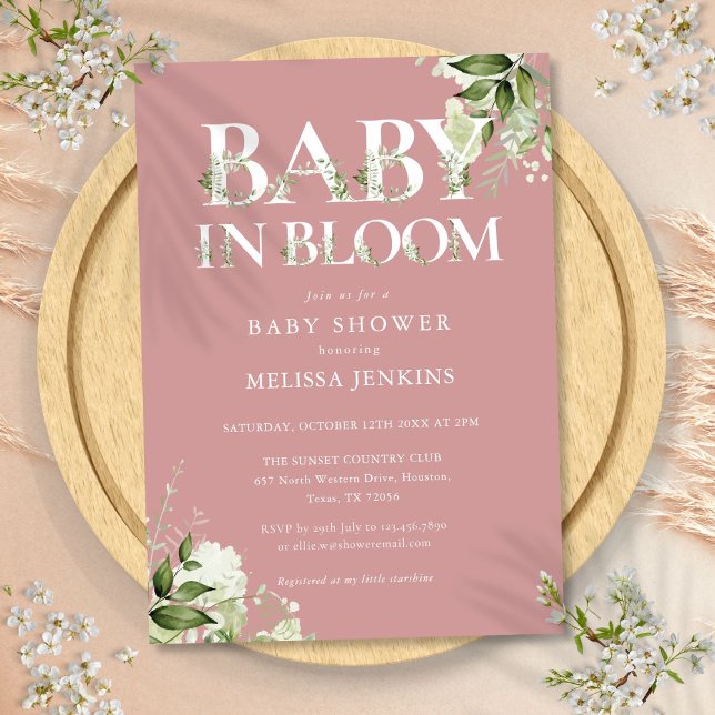 Invitation Rose Poussiéreuse Fête de Naissance Bébé en Fleur  (Dusty Rose Pink Baby In Bloom Greenery Baby Shower Invitation)