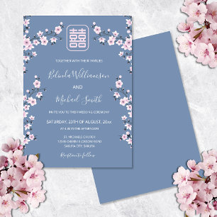 Invitation Rose Poussiéreuse Fleur Bleue Mariage Chinois