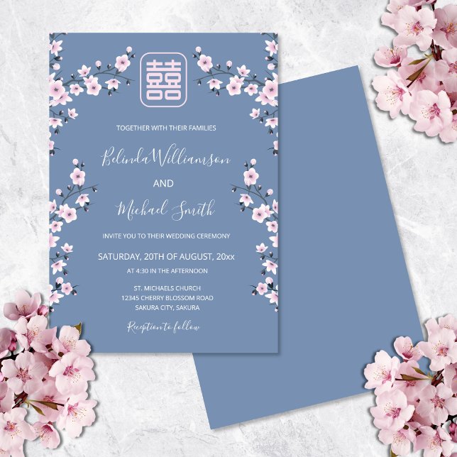 Invitation Rose Poussiéreuse Fleur Bleue | Mariage Chinois (Créateur téléchargé)