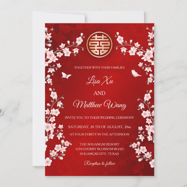 Invitation Rose Poussiéreuse Fleur Mariage Chinois (Devant)