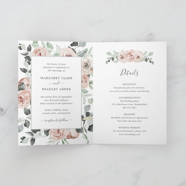 Invitation Rose Poussiéreuse Fleurs Aquarelle Élégant Mariage (Intérieur)
