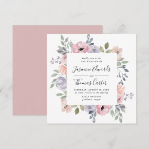 Invitation Rose Poussiéreuse Fleurs Aquarelle Mariage Carré
