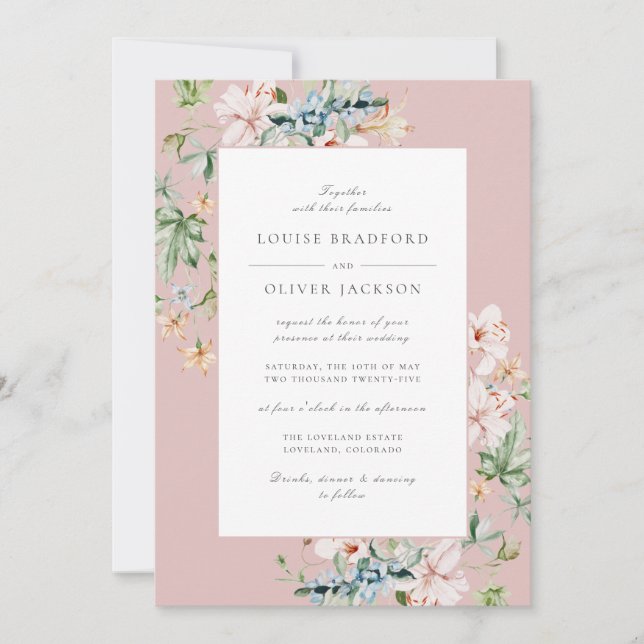 Invitation Rose Poussiéreuse Fleurs Aquarelle Printanière Mar (Devant)