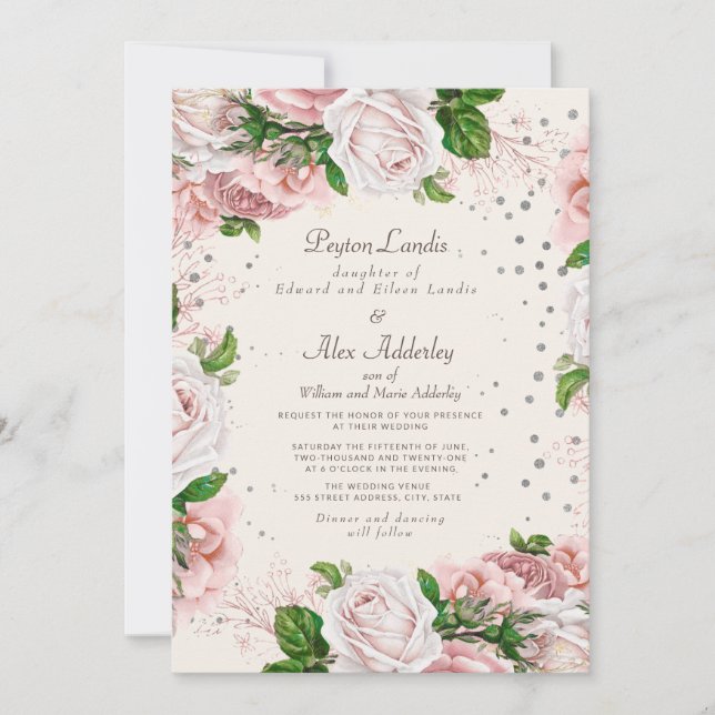 Invitation Rose Poussiéreuse Fleurs Rose Glitter Argent Maria (Devant)