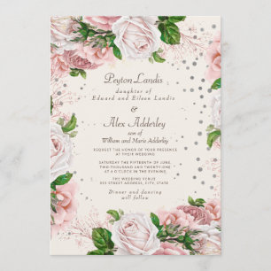Invitation Rose Poussiéreuse Fleurs Rose Glitter Argent Maria