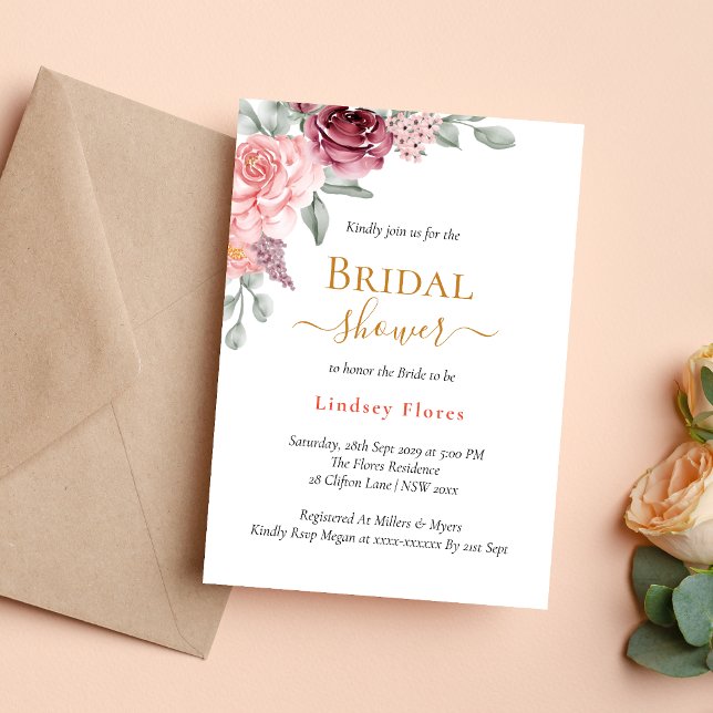 Invitation Rose Poussiéreuse Floral Élégant Doré Lancement de (Dusty rose floral gold invitation adds elegant, romantic charm to your bridal shower)