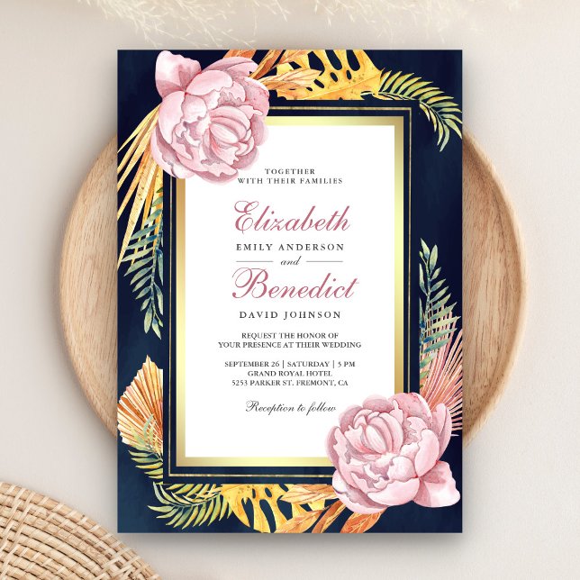 Invitation Rose Poussiéreuse Floral Or Palmier Séché Mariage  (Créateur téléchargé)