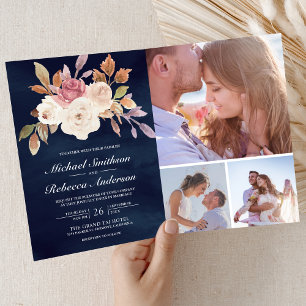 Invitation Rose Poussiéreuse Ivoire Floral Photo Code QR Mari