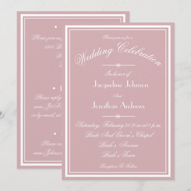 Invitation Rose Poussiéreuse Mariage Écriture Blanche Tout En (Devant / Derrière)