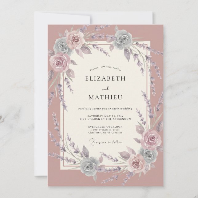 Invitation Rose Poussiéreuse Mariage Vintage Splendide (Devant)