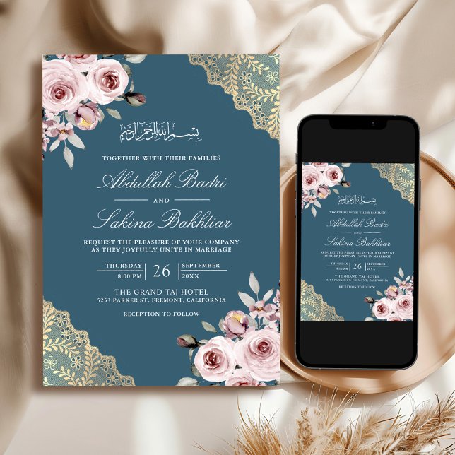 Invitation Rose Poussiéreuse Or Broderie Code QR Bleu Mariage (Créateur téléchargé)