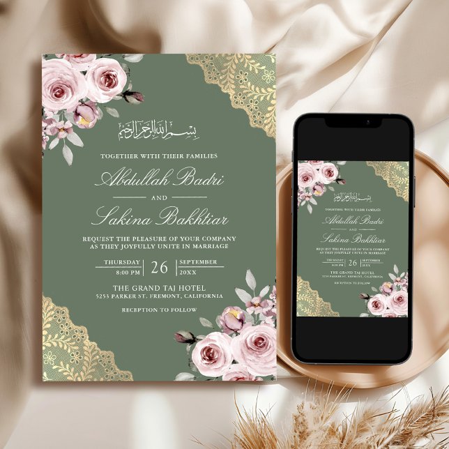 Invitation Rose Poussiéreuse Or Broderie Code QR Mariage Musu (Créateur téléchargé)